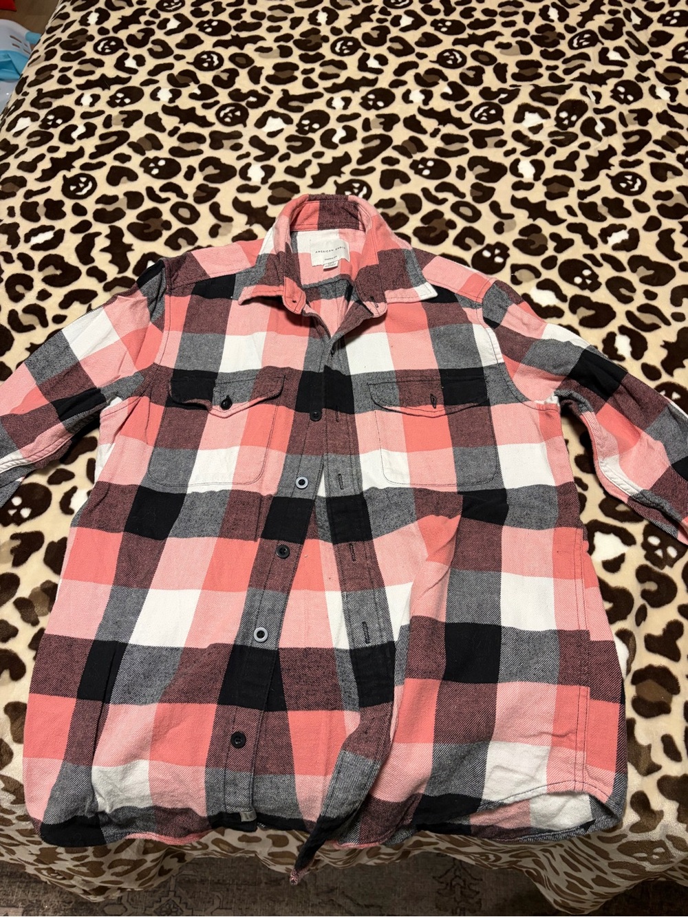 American Eagle Outfitters Coral, Black & White Plaid Button-Down Shirt